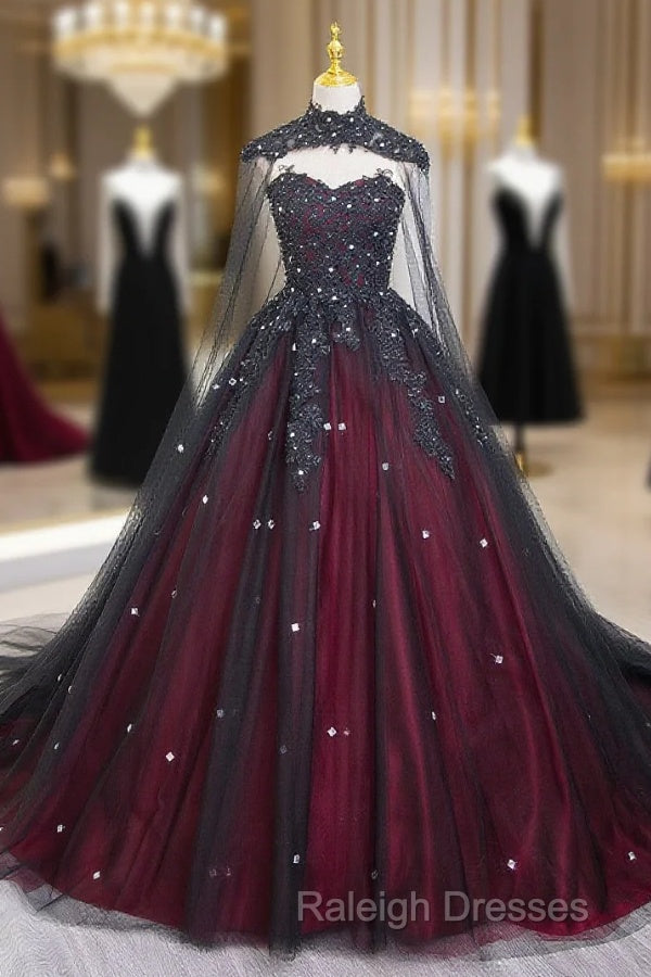 Gorgeous Black And Red Tulle Ball Gown Sweet 16 Dress With Cape, Long Prom Dress Main image