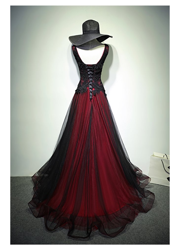 Gorgeous Black And Red V-Neckline Tulle Beaded Prom Dress, Long Evening Gown Secondary image
