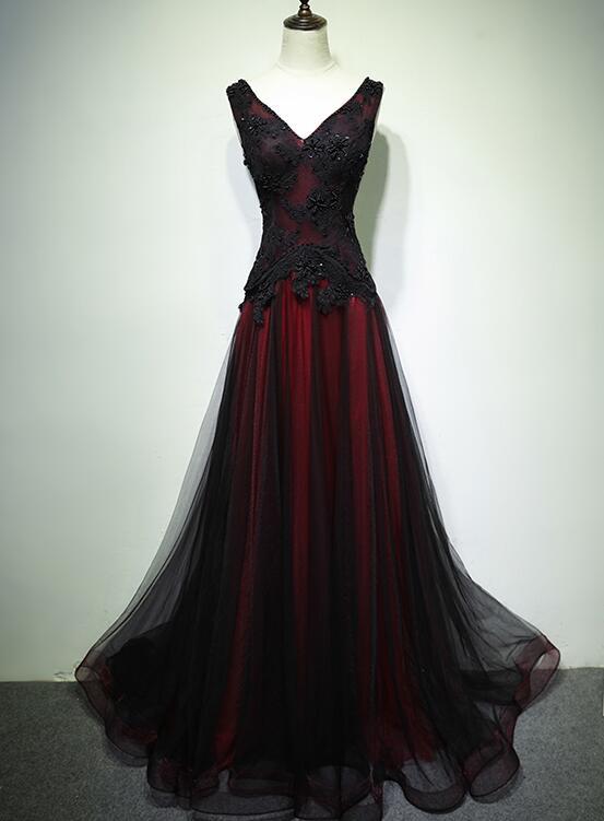 Gorgeous Black And Red V-Neckline Tulle Beaded Prom Dress, Long Evening Gown Main image