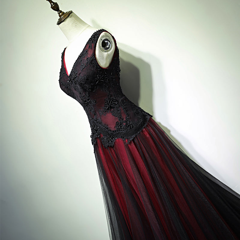 Gorgeous Black And Red V-Neckline Tulle Beaded Prom Dresses Long Prom Gowns