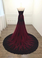 Gorgeous Black And Wine Red Mermaid Long Evening Gown Party Dress, Sweetheart Lace Formal Dresses