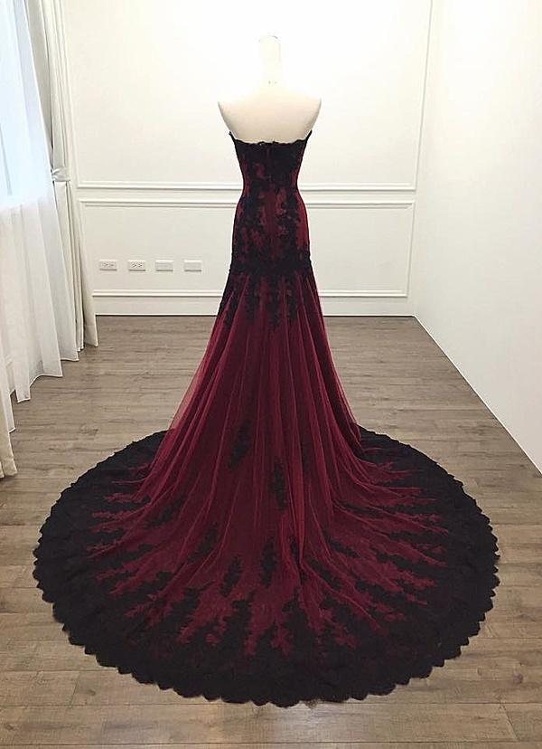 Gorgeous Black And Wine Red Mermaid Long Prom Gowns Prom Dresses Sweetheart Lace Prom Dress Secondary image