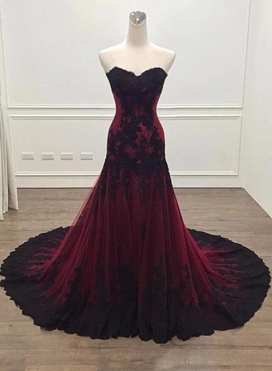Gorgeous Black And Wine Red Mermaid Long Evening Gown Party Dress, Sweetheart Lace Formal Dresses Main image