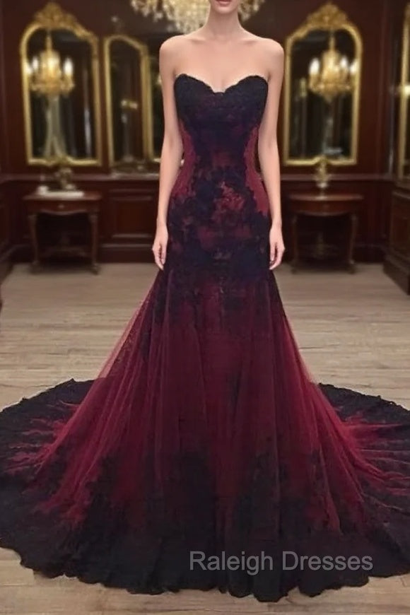 Gorgeous Black and Wine Red Mermaid Long Evening Gown Party Dress, Sweetheart Lace Formal Dresses Main image