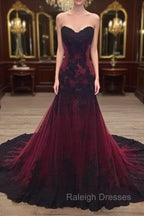 Gorgeous Black and Wine Red Mermaid Long Evening Gown Party Dress, Sweetheart Lace Formal Dresses