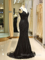 Gorgeous Black Prom Dresses Mermaid Luxury Heavy Beaded Straps Long Formal Prom Dress
