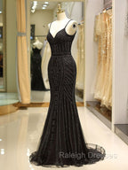 Gorgeous Black Evening Dresses Mermaid Luxury Heavy Beaded Straps Long Formal Evening Dress