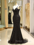 Gorgeous Black Prom Dresses Mermaid Luxury Heavy Beaded Straps Long Formal Prom Dress