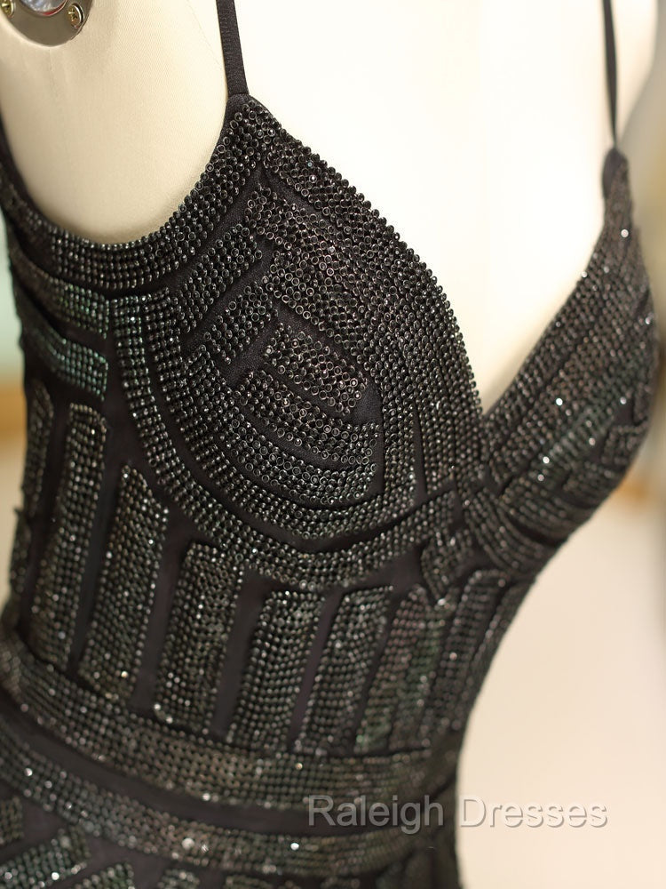 Gorgeous Black Prom Dresses Mermaid Luxury Heavy Beaded Straps Long Formal Prom Dress