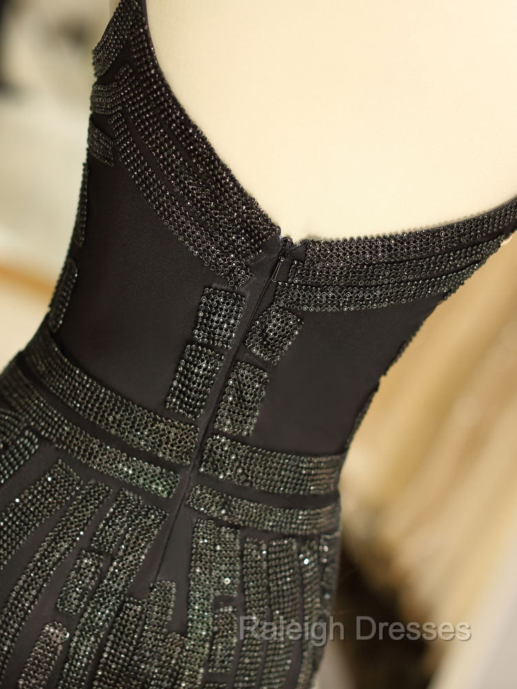 Gorgeous Black Prom Dresses Mermaid Luxury Heavy Beaded Straps Long Formal Prom Dress