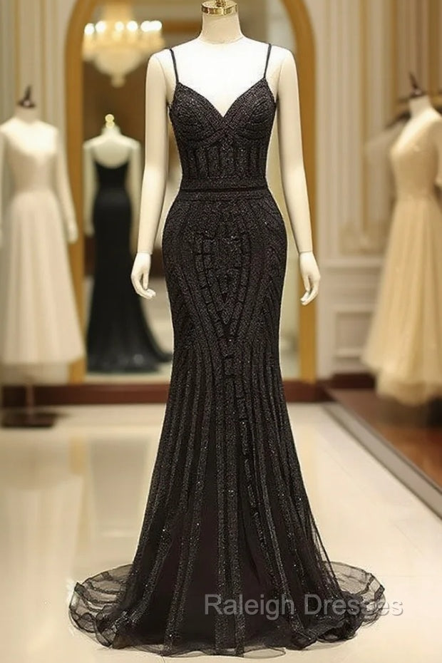 Gorgeous Black Evening Dresses Mermaid Luxury Heavy Beaded Straps Long Formal Evening Dress Main image
