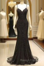 Gorgeous Black Evening Dresses Mermaid Luxury Heavy Beaded Straps Long Formal Evening Dress