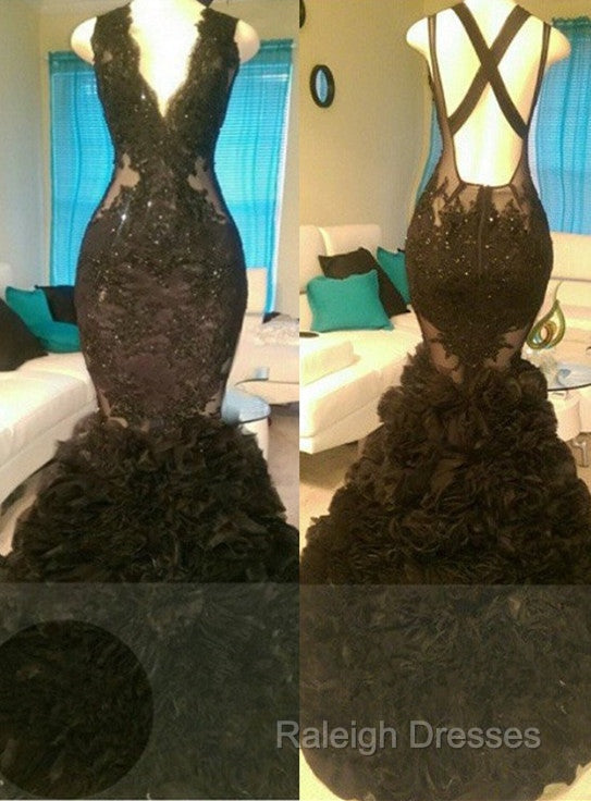 Gorgeous Black Mermaid V-Neck Tulle Appliques Open-Back Prom Party Gowns Secondary image