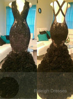 Gorgeous Black Mermaid V Neck Tulle Appliques Open-Back Prom Gowns