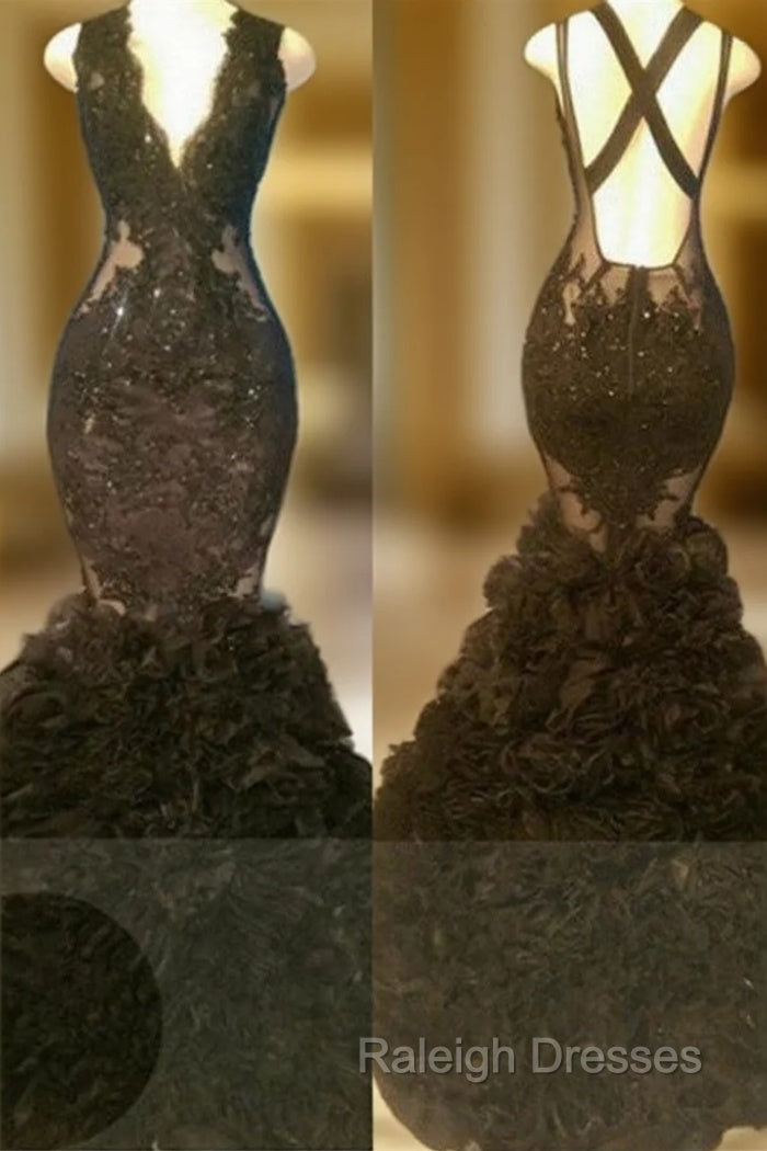Gorgeous Black Mermaid V-Neck Tulle Appliques Open-Back Prom Party Gowns