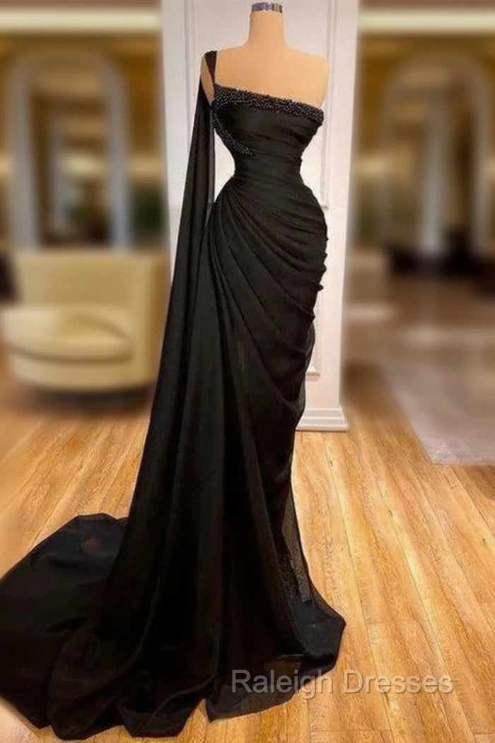 Gorgeous Black One Shoulder Mermaid Prom Dress Long Ruffles