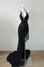Gorgeous Black Sequin Mermaid Spaghetti Strap Vling Long Prom Dress Backless Formal Evening Dress