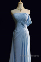 Gorgeous Blue A-Line Chiffon Pleated One Shoulder Slit Long Evening Gown Ball Gown Wedding Dress