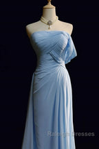 Gorgeous Blue A-Line Chiffon Pleated One Shoulder Slit Long Prom Gown Ball Gown Wedding Dresses