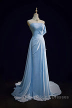 Gorgeous Blue A-Line Chiffon Pleated One Shoulder Slit Long Prom Gown Ball Gown Wedding Dresses