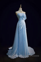 Gorgeous Blue A-Line Chiffon Pleated One Shoulder Slit Long Evening Gown Ball Gown Wedding Dress