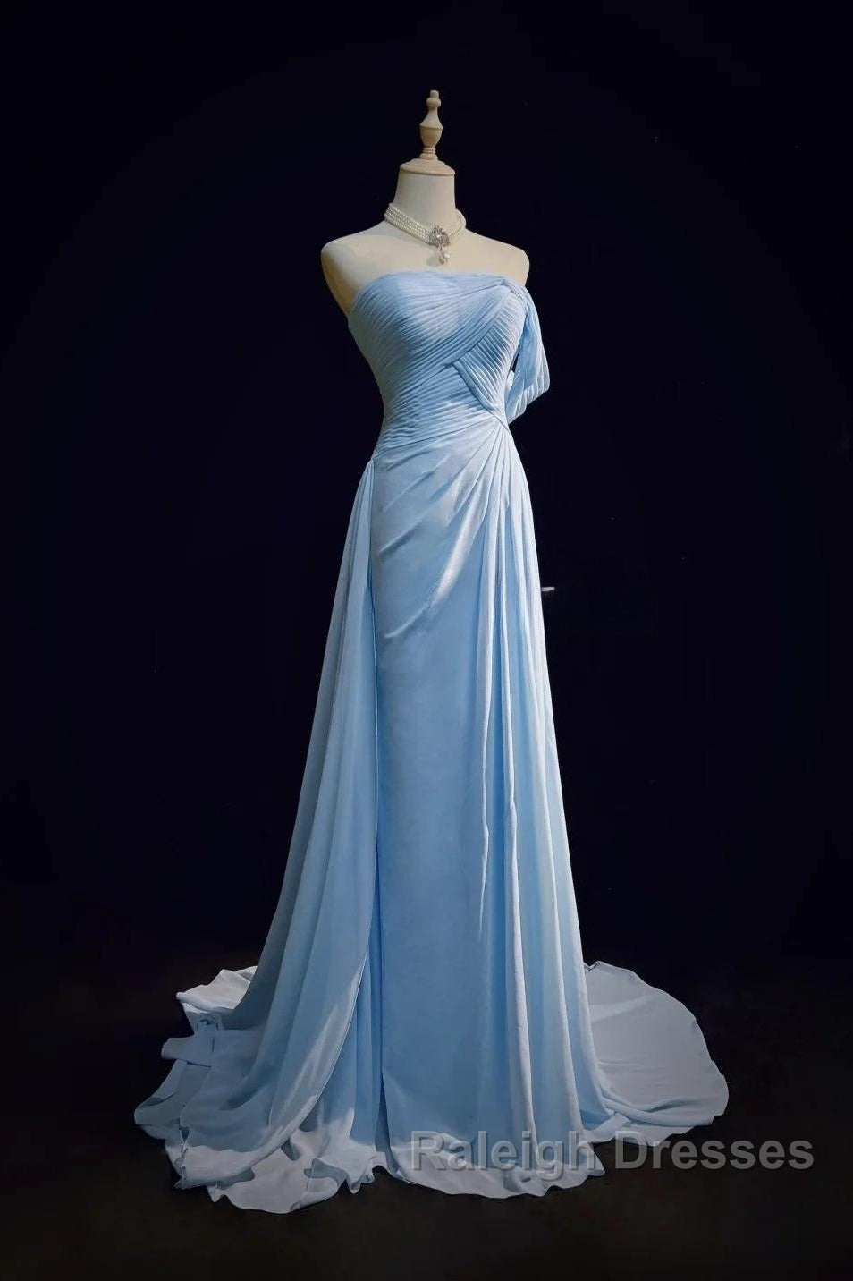 Gorgeous Blue A-Line Chiffon Pleated One Shoulder Slit Long Evening Gown Ball Gown Wedding Dress