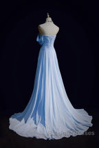 Gorgeous Blue A-Line Chiffon Pleated One Shoulder Slit Long Evening Gown Ball Gown Wedding Dress