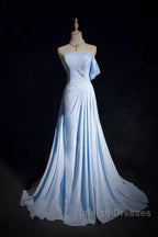 Gorgeous Blue A-Line Chiffon Pleated One Shoulder Slit Long Prom Gown Ball Gown Wedding Dresses