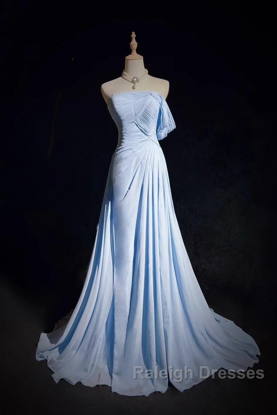Gorgeous Blue A-Line Chiffon Pleated One Shoulder Slit Long Prom Gown Ball Gown Wedding Dresses