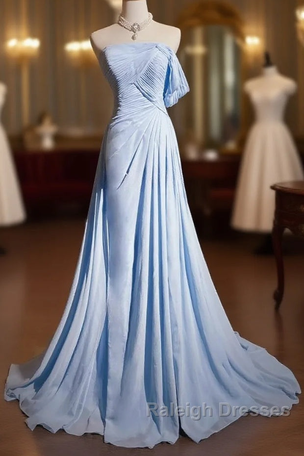 Gorgeous Blue A-Line Chiffon Pleated One Shoulder Slit Long Prom Gown Ball Gown Wedding Dresses