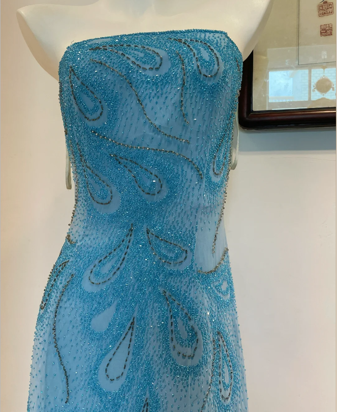 Gorgeous Blue A-Line Strapless Beaded Chiffon Long Formal Prom Dress