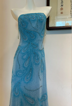 Gorgeous Blue A-Line Strapless Beaded Chiffon Long Formal Prom Dress