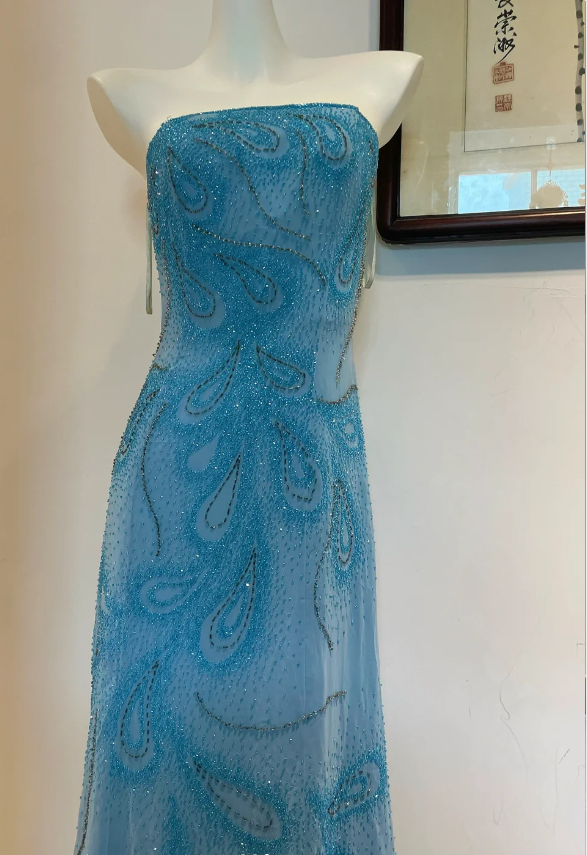 Gorgeous Blue A-Line Strapless Beaded Chiffon Long Formal Prom Dress