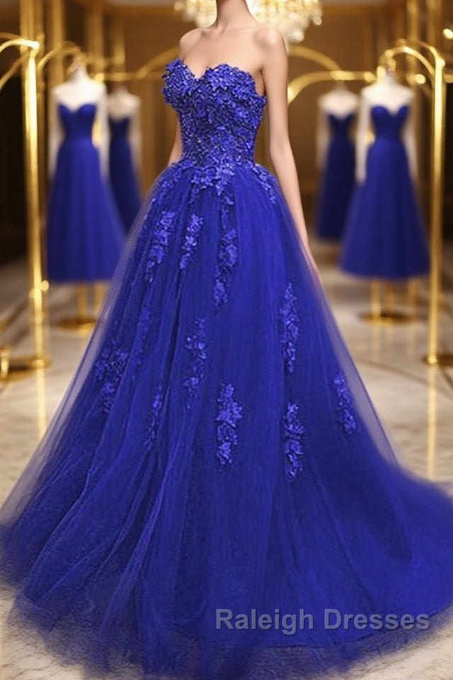 Gorgeous Blue Lace Floral Long Prom Dress, Blue Appliques Formal Evening Dress, Blue Ball Gown Main image