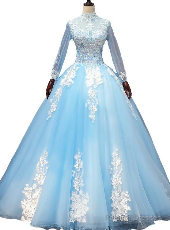 Gorgeous Blue Long Sleeves Ball Gown Sweet 16 Dress, Charming Formal Gown Main image