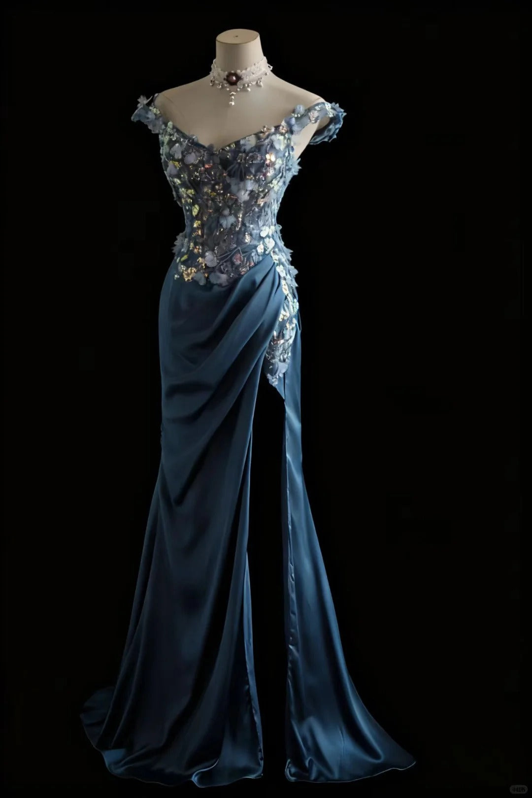 Gorgeous Blue Off-Shoulder Sequined 3D Floral Satin Long Formal Prom Dress