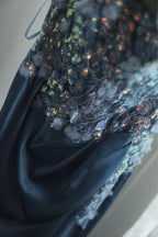 Gorgeous Blue Off-Shoulder Sequined 3D Floral Satin Long Formal Prom Dress