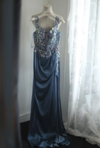 Gorgeous Blue Off-Shoulder Sequined 3D Floral Satin Long Formal Prom Dress