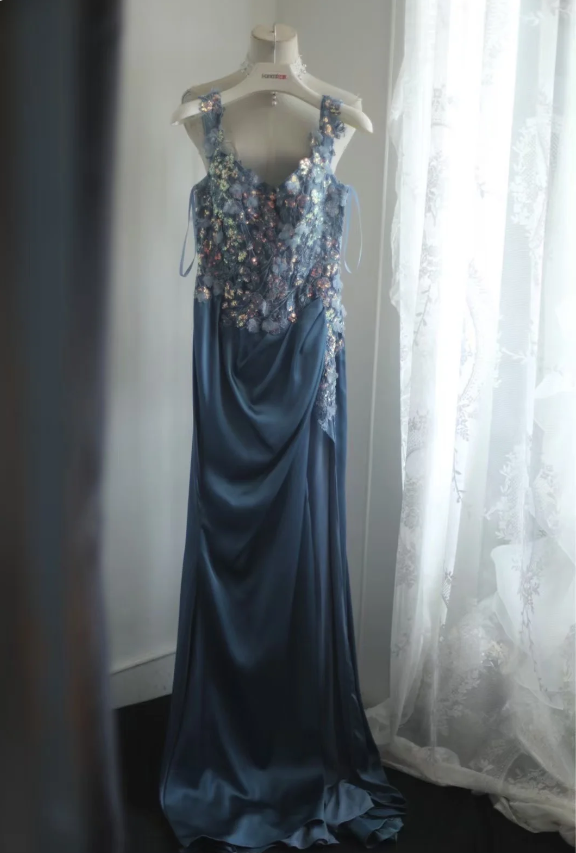 Gorgeous Blue Off-Shoulder Sequined 3D Floral Satin Long Formal Prom Dress