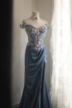 Gorgeous Blue Off-Shoulder Sequined 3D Floral Satin Long Formal Prom Dress