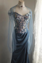 Gorgeous Blue Off-Shoulder Sequined 3D Floral Satin Long Formal Prom Dress