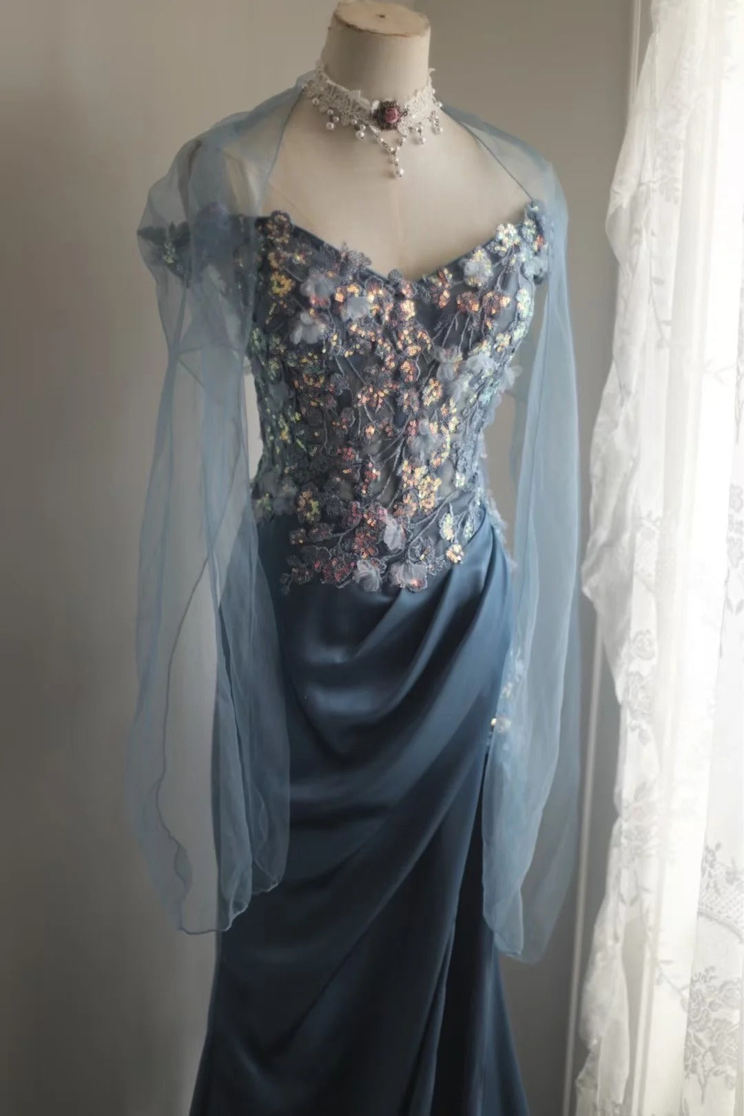Gorgeous Blue Off-Shoulder Sequined 3D Floral Satin Long Formal Prom Dress