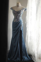 Gorgeous Blue Off-Shoulder Sequined 3D Floral Satin Long Formal Prom Dress