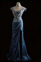 Gorgeous Blue Off-Shoulder Sequined 3D Floral Satin Long Formal Prom Dress
