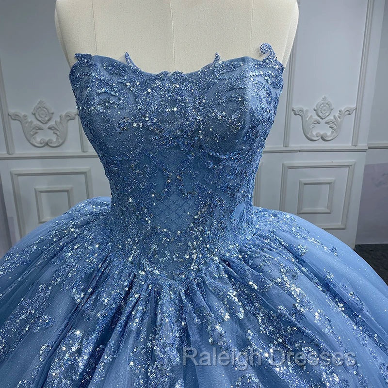 Gorgeous Blue Sleeveless Strapless Ball Gown Quinceanera Dresses