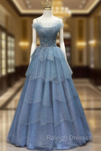 Gorgeous Blue Tulle Layers Beaded Long Wedding Party Dresses, Blue Formal Gown