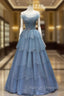 Gorgeous Blue Tulle Layers Beaded Long Wedding Party Dresses, Blue Formal Gown