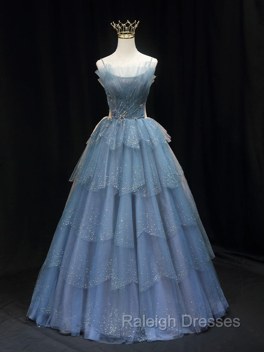 Gorgeous Blue Tulle Layers Beaded Long Wedding Party Dresses, Blue Formal Gown