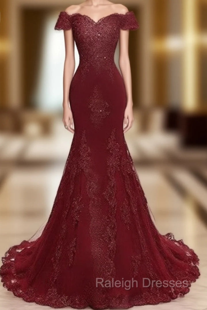 Gorgeous Burgundy Prom Party Gowns| Mermaid Lace Evening Gowns Main image