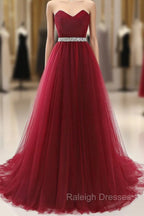 Gorgeous Burgundy Sweetheart Long Prom Dress Tulle Crystal Evening Gown